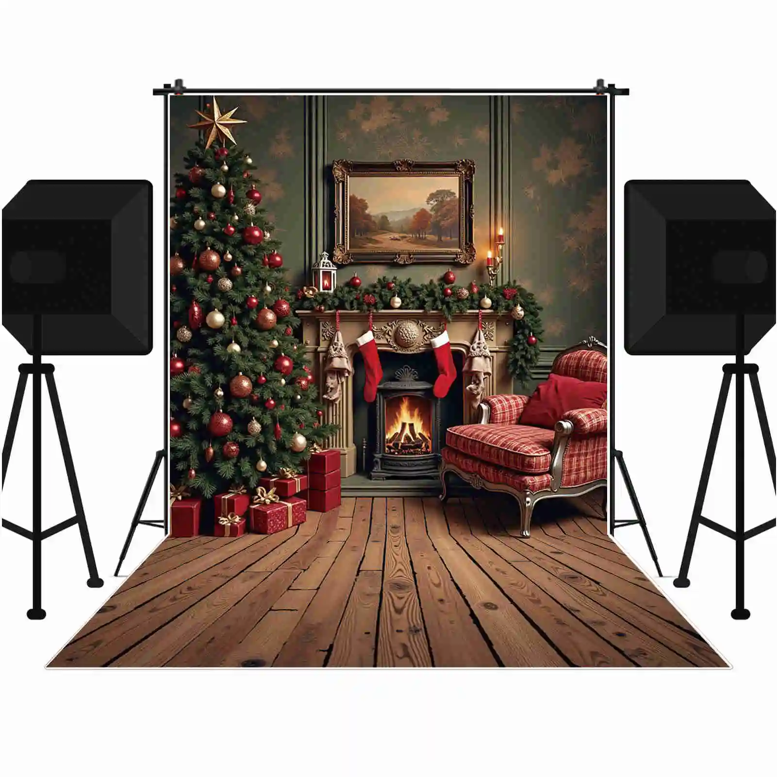 MOON.QG 크리스마스 배경 사진 선물, 벽난로 크리스마스 트리 포토콜 배경, 베이비 스튜디오 포토콜 액세서리