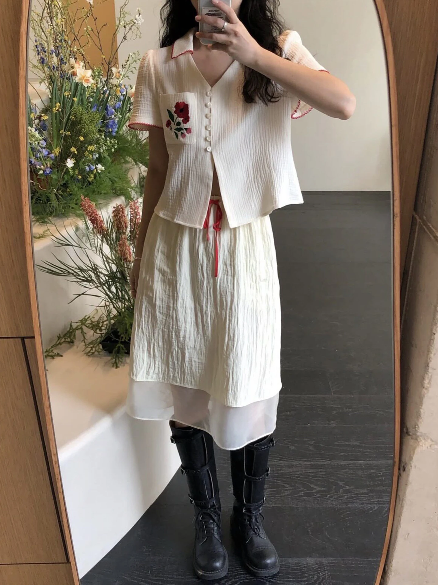 Romantic Floral Embroidery Short Sleeve Shirt And High Waist Mesh Half Skirt Two Piece Set Women's Summer Fashion Outfit