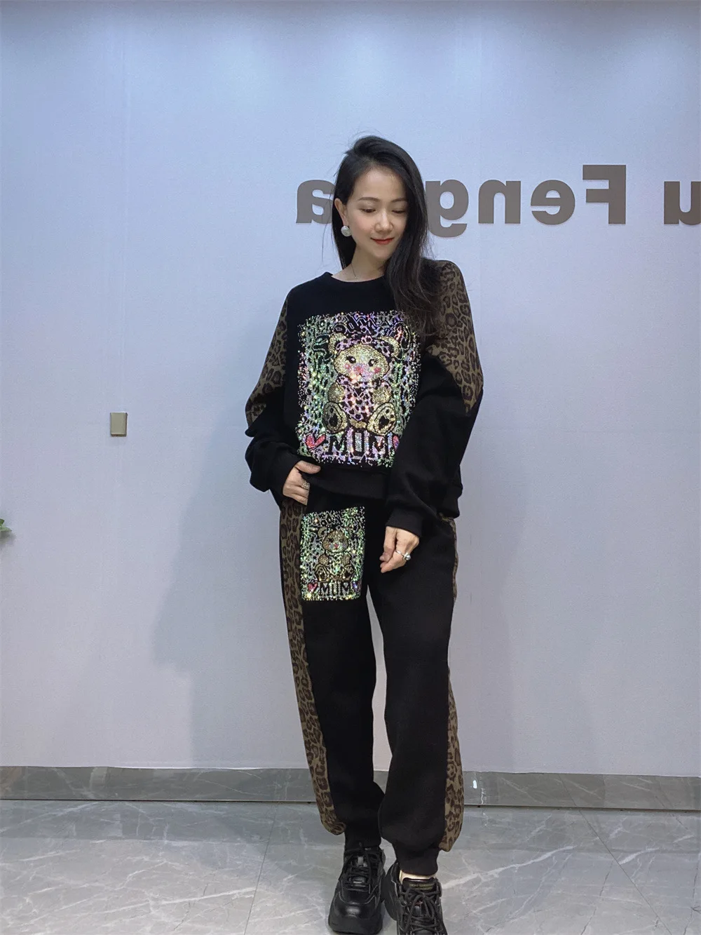 2PCS Patchwork Glitter Sequins Long Set For Women Casual Suit 2PCS Casual Sets Clothes Diamond O-Neck Sets For Teensage