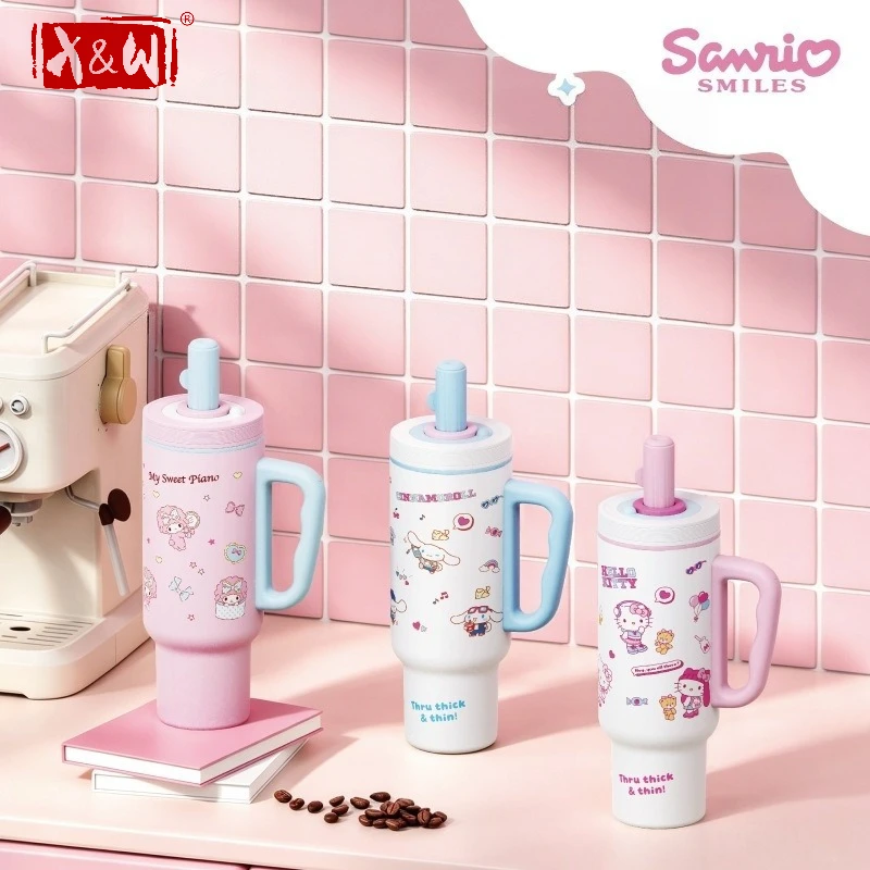 X&W 1100ml Cartoon Thermal Cup 316 Stainless Steel Hello Kitty Straw Cup Vacuum Flask Portable Outdoor Travel Car Tumbler Gifts