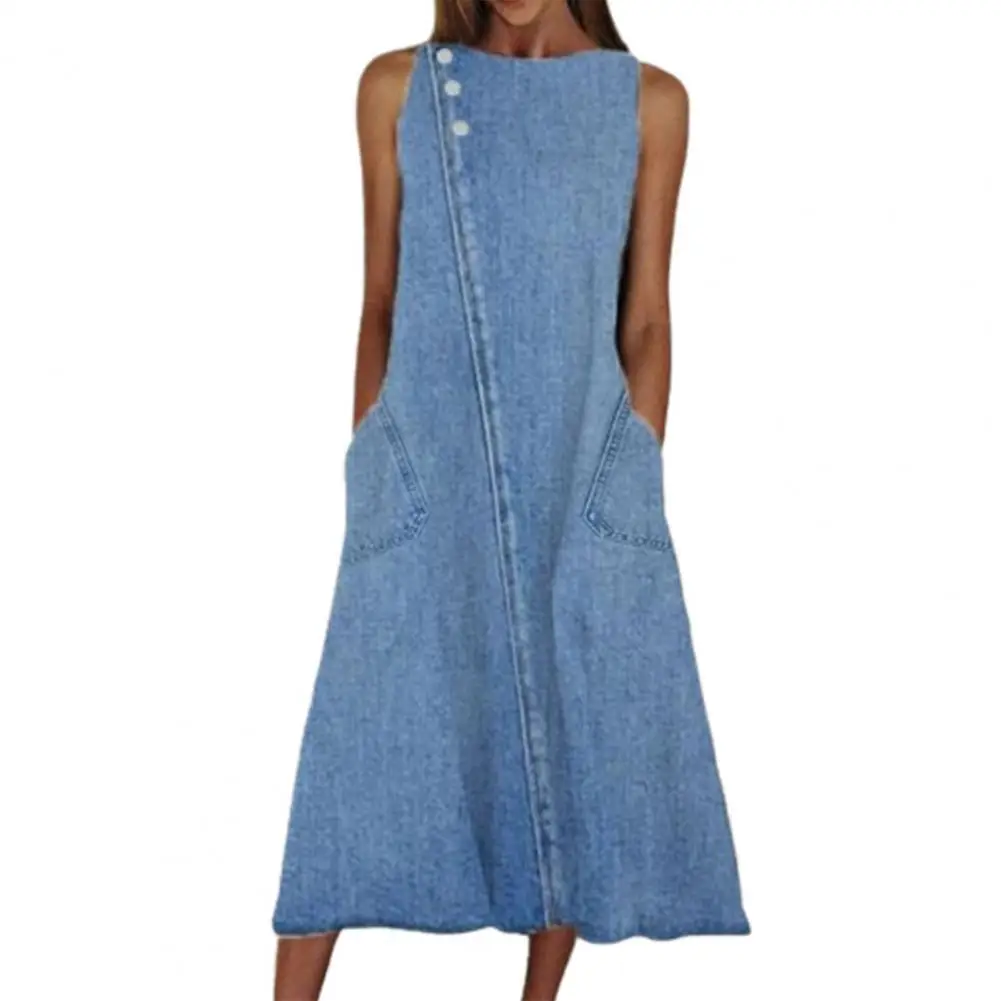 Loose Denim Dress Women Vintage Sleeveless Pockets Solid Color Summer Dress Midi Streetwear