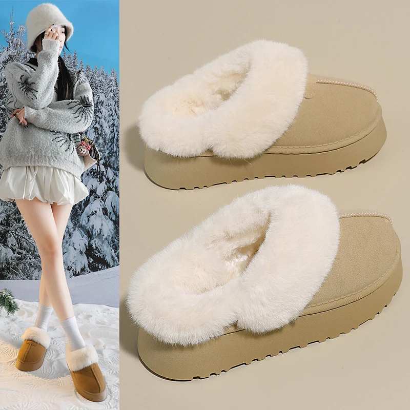 Women Winter Plush Lined Loafers Warm Fleece Cotton Shoes Non Slip Rubber Sole Casual Outdoor Walking Flat Footwear