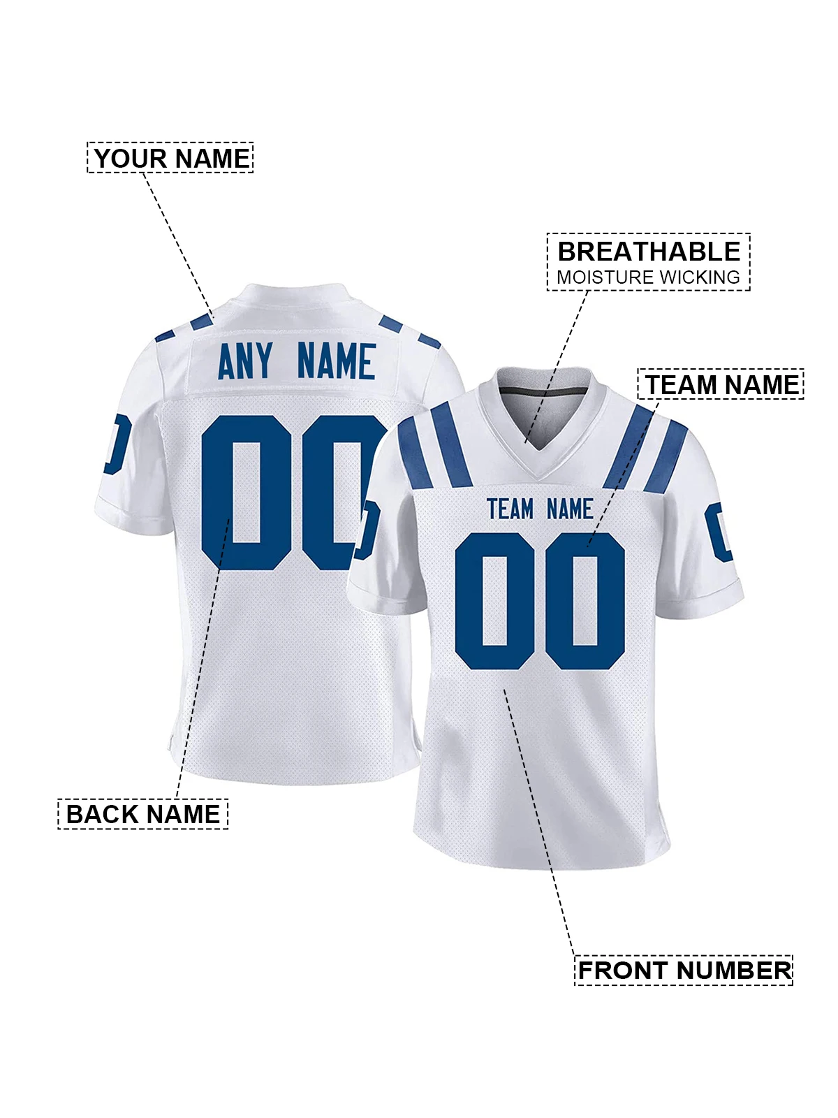 Custom White Blue American Football Jersey for Men Women Youth Kids Personalized Printed Team Name Number Sportwear Fans Gift
