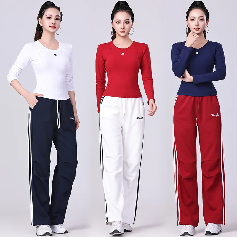 loose-long-sleeve-fitness-square-dance-costume-set-women's-cotton-two-piece-suit-for-performance-running-soldier-pants
