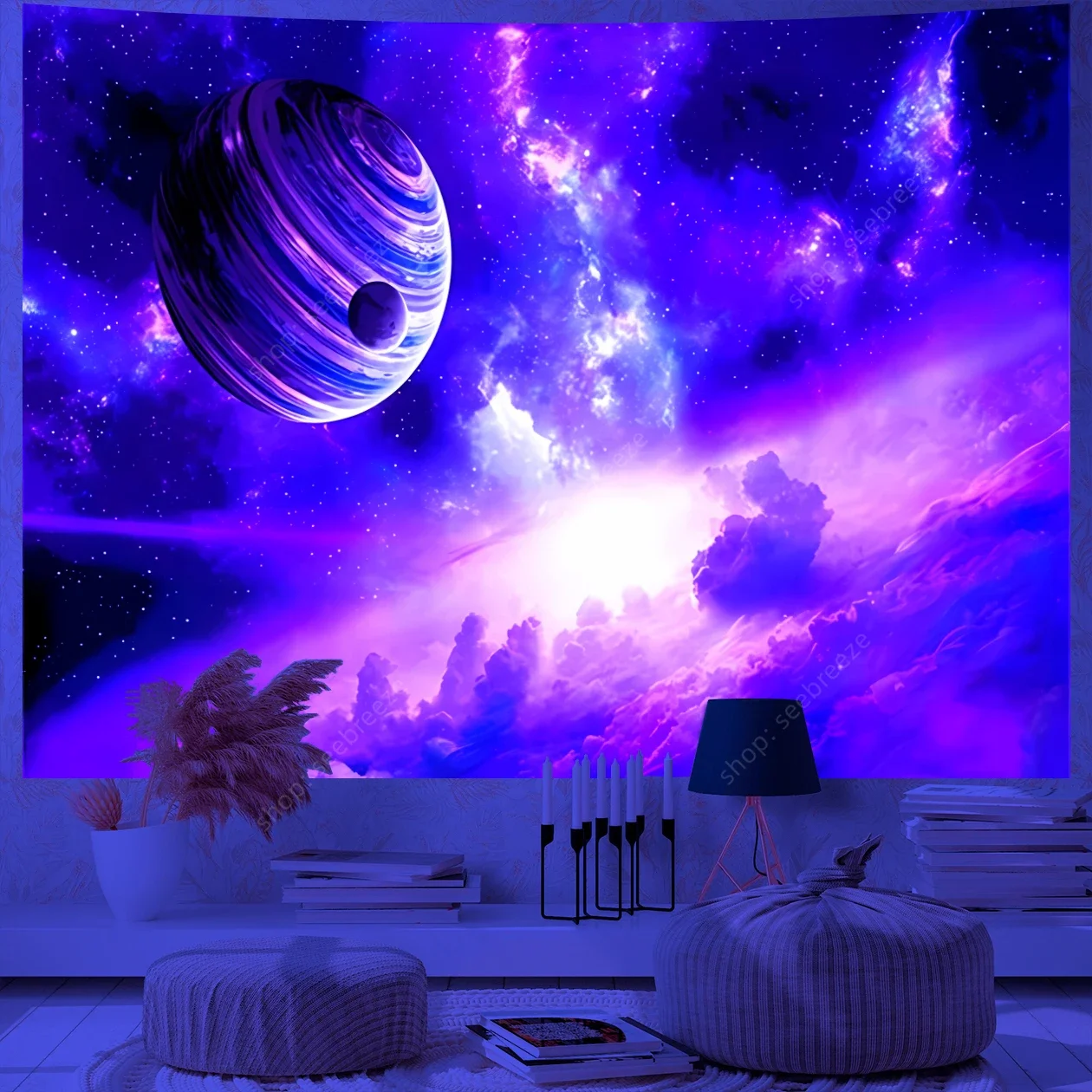 Psychedelic Galaxy UV Reactive Tapestry Universe Planet Starry Sky Tapestry Wall Hanging for Room Decor Aesthetic Ceiling Decor