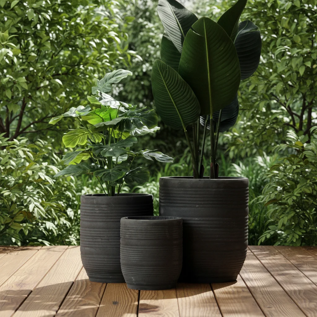 Set of 3 Antique Fiber Stone Flower Pots Elegant Planters for Indoor and Outdoor Use