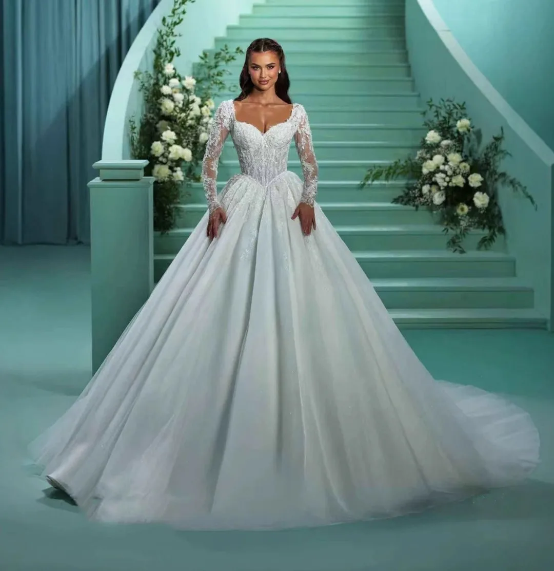 Exquisite Hochzeit Kleid Schatz Lange Ärmel Prinzessin Ball Gow Lace Up Pailletten Kirche Braut Brautkleider Arabisch Vestido De No