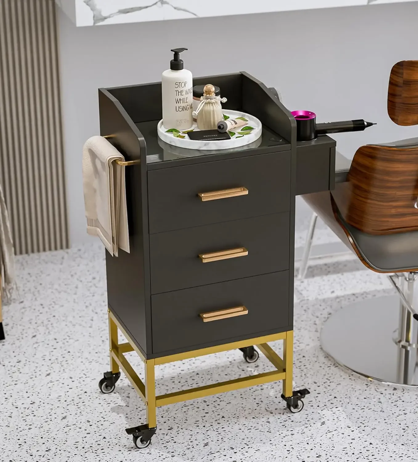 Storage Trolley Cart with with Lockable Wheels, Beauty Rolling Hair Cart with Drawers& Dryer Holder, Salon Stations Cabinet for