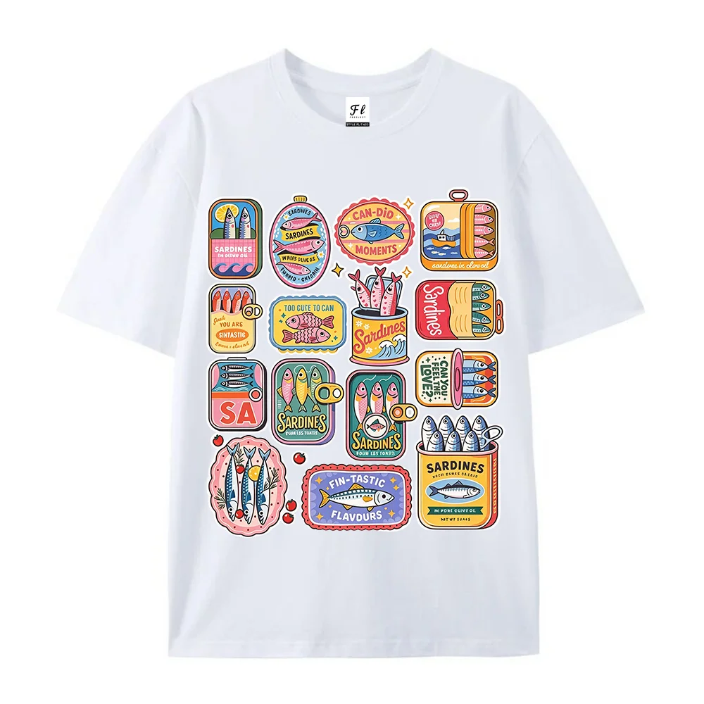 Womens Sardine Can Fish Graphic T Shirts Cute Retro Seafood Tin Collage Print Casual Short Sleeve Crew Neck Summer Top