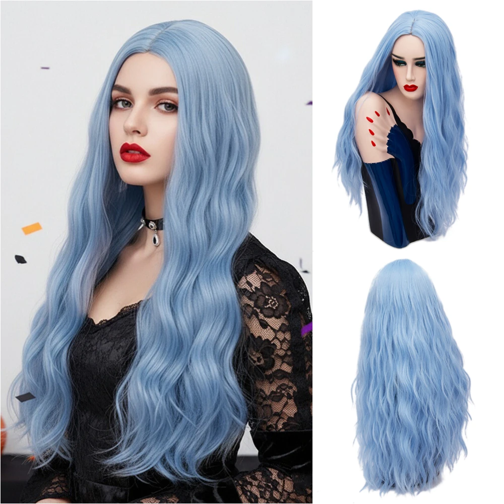 

Женский термостойкий длинный волнистый парик естественного вида, синий синтетический средний парик для косплея на Хэллоуин, повседневный гламурный