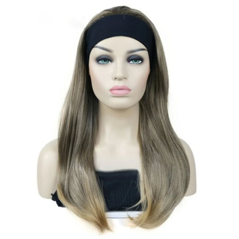 Senhoras longas retas 3/4 meia peruca de cabelo faixa de cabeça perucas naturais pretas de seda