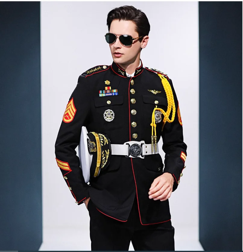 

Spring and Autumn black standing collar sailor uniform, security image post concierge uniform