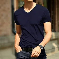 Sexy Men Short Sleeve Ice Silk Trackless T-Shirt Summer Solid Color Basi V-Neck Slim T Shirt Man Tees Tops Clothing