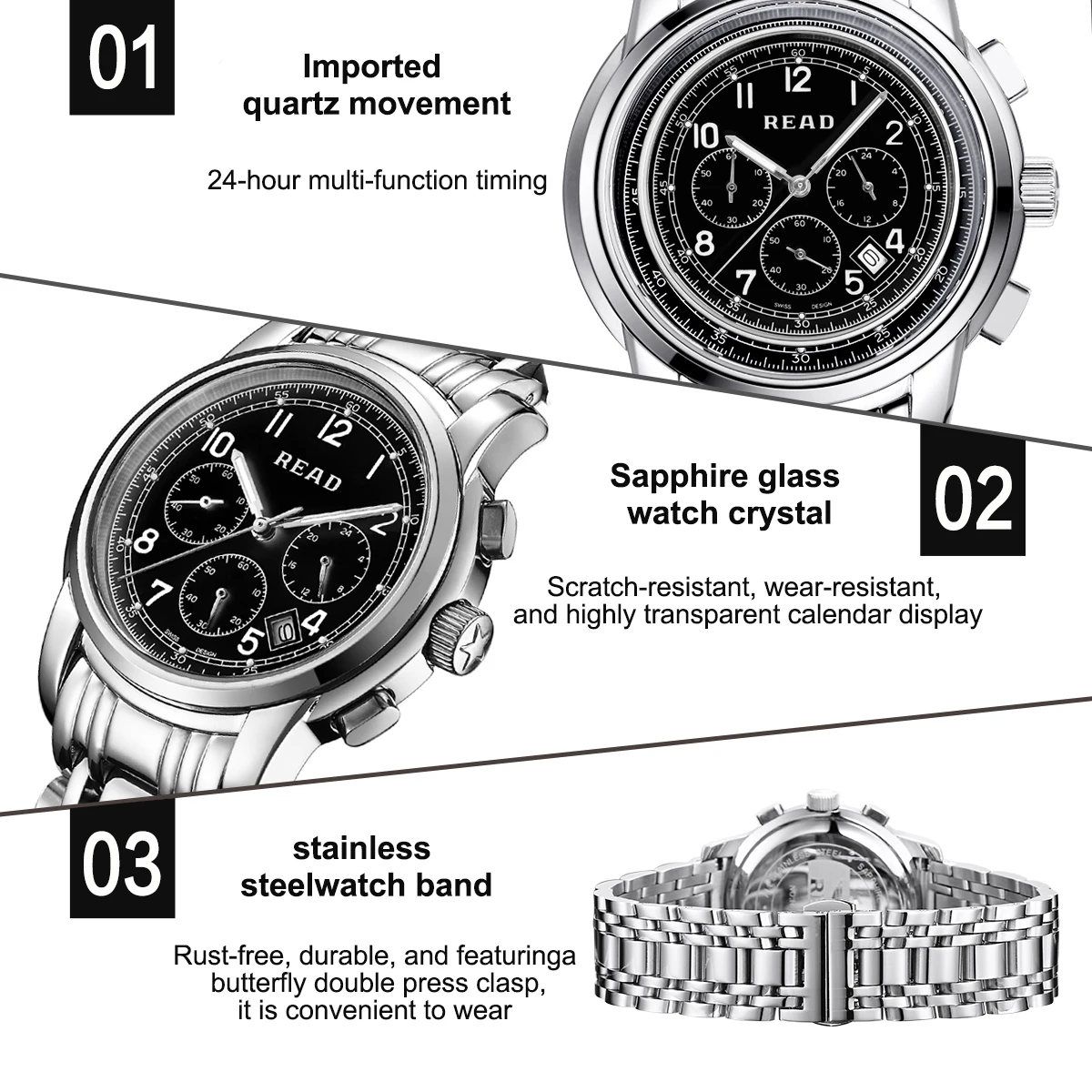 READ Men's Quartz Watch | Stainless Steel Band | Butterfly Clasp | Chronograph Calendar Feature | 30M Daily Water Resistant