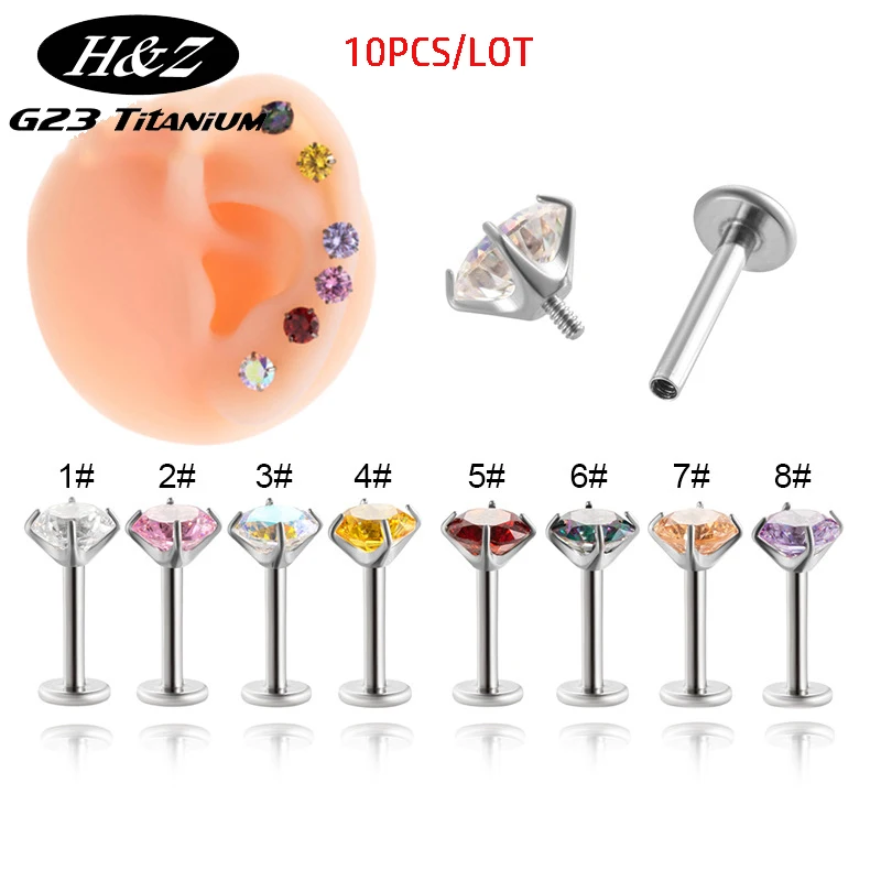 

10Pcs G23 Titanium Cubic Zircon Piercing Labret Stud Earrins Monroe Helix Cartialge Tragus Medusa Lip Stud Body Piercing Jewelry