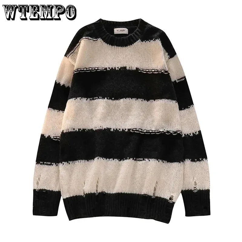 Gothic Punk Hole Sweaters Women Fashion Harajuku Oversize Pullover Sweater Knitted Jumper Fashion Striped Sweater Wholesale