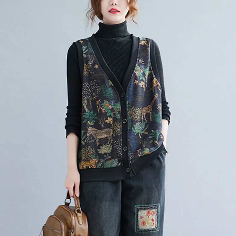 الرجعية طباعة Fce اصطف سترة دافئة ملابس خارجية حجم كبير المرأة المفتوحة سترة سترة صغيرة الخريف الشتاء الملابس سترة علوية