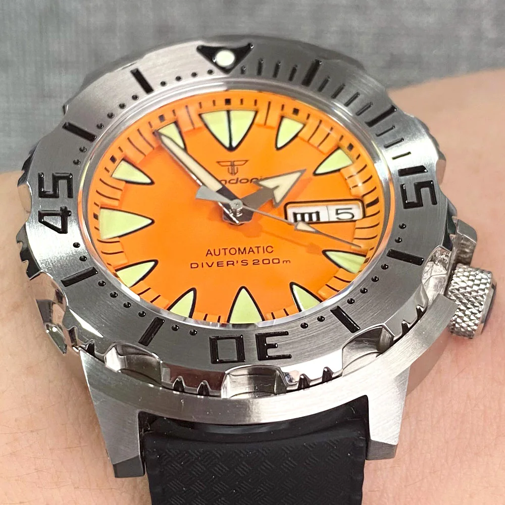 Imagem -04 - Tandorio 200m Mergulho ar Sapphire Cristal Monstro Laranja Dial Nh36a Homens Relógio Automático 3.8 Horas Day Display Lume Borracha 42 mm