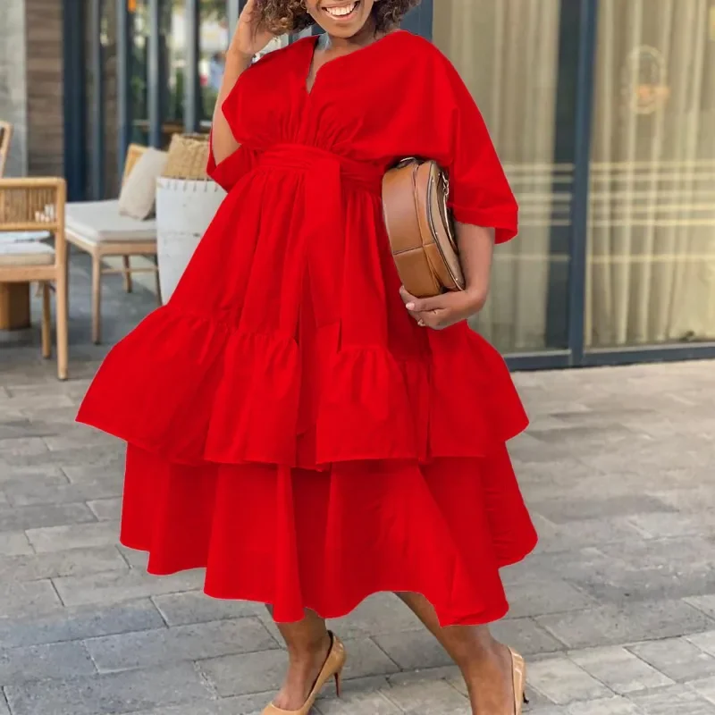 

African Dress For Women Sping Summer Africa Clothes V-neck Loose Lace-up High Waist A-line Dress Big Size Midi Robe Femme