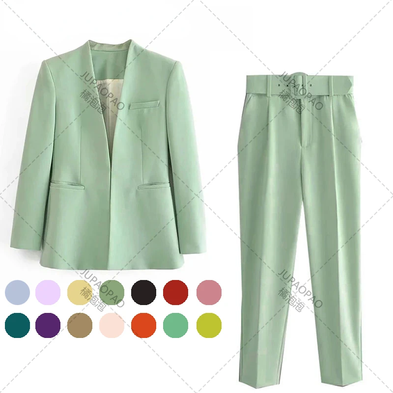 

JUPAOPAO2024 Women Fashion Two Pieces Sets TRAF Office Wear Blazers Coat And With Belt High Waist Pants Simple Solid Color Suit