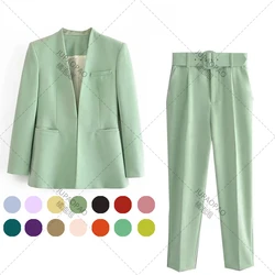 JUPAOPAO2024 Women Fashion Two Pieces Sets TRAF Office Wear Blazers Coat And With Belt High Waist Pants Simple Solid Color Suit