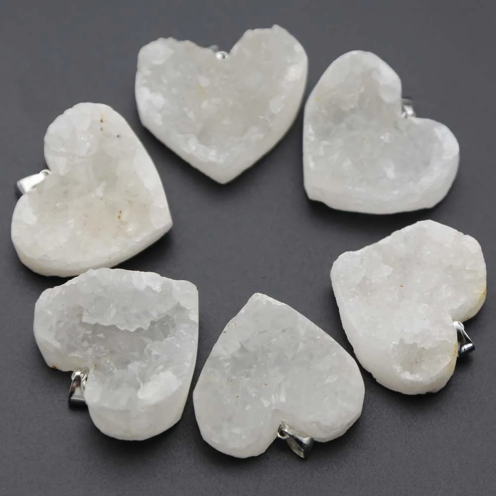 High Quality Natural Raw Ore White Crystal Pendants Heart Necklace Mineral Healing Charms DIY Jewelry Accessories Wholesale 5Pcs