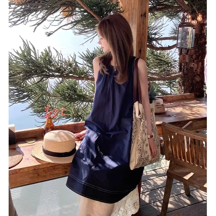 한국 복고풍 가짜 투피스 스플 라이스 여성 여름 느슨한 민소매 대비 색상 오버 니 드레스