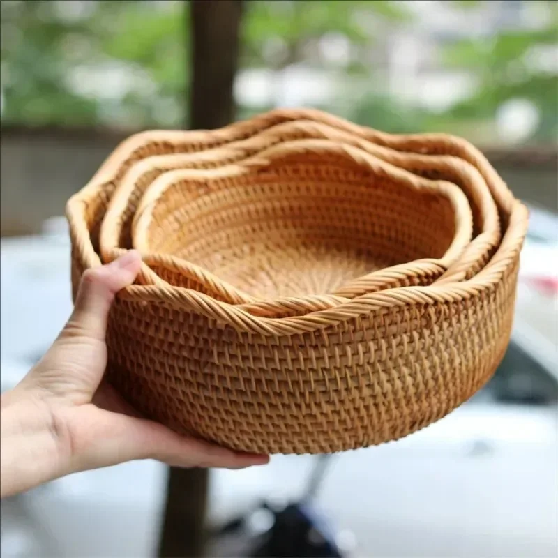 New Handwoven Storage Basket Rattan Storage Tray Wicker BasketBread Fruit Breakfast Tea Picnic basket Kitchen StorageBasket