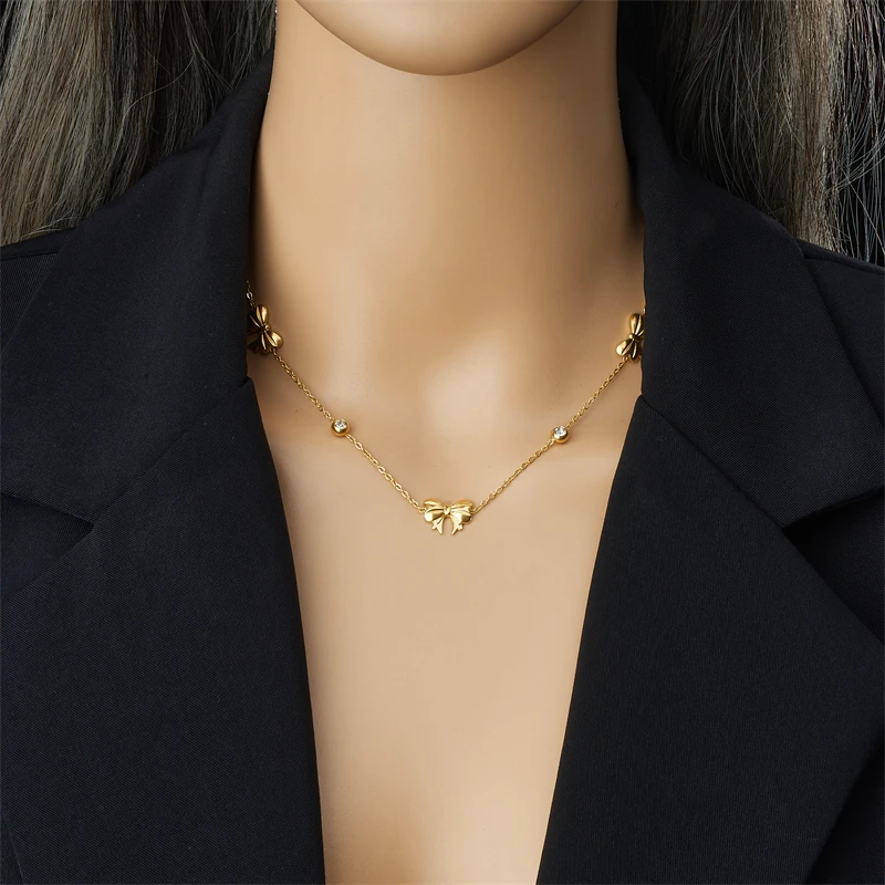 DIEYURO 316L Stainless Steel Round Rhinestone Golden Bowknot Necklace Earrings Bracelet Suit Girl New Trend Bow Jewelry Gift Set