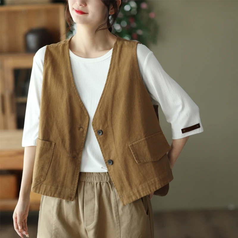 

Retro Japanese Sle Women's Vest Top Svel V-Ne Casual Layering Design Spring Autumn Cotton Blend Commute Faion