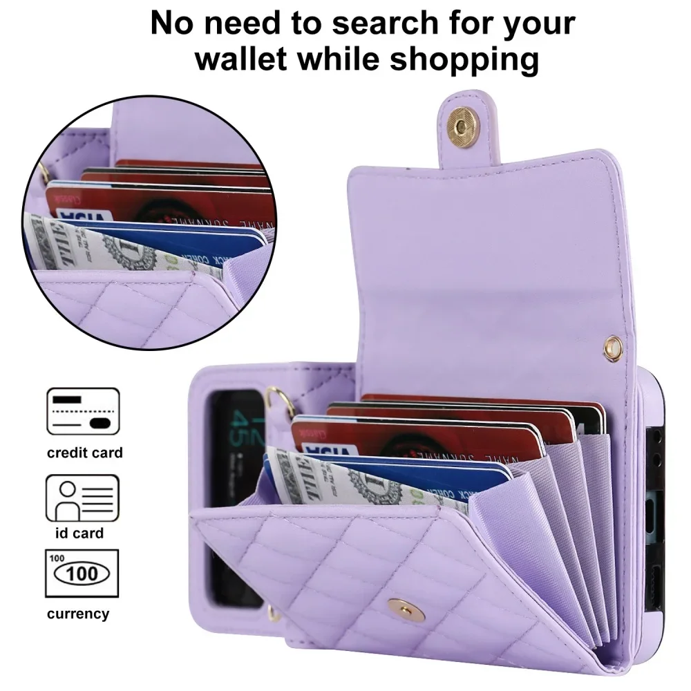 Magnetic Card Case with Solid Color Phone Cover for Samsung Galaxy Z Flip7 & Z Flip6 & Z Flip5 with Detachable Shoulder Strap