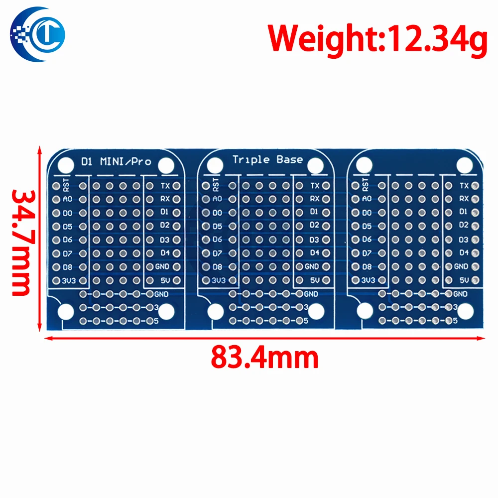 Escudo triplo para WeMos D1 Mini, Dual Sided, Perf Board para Arduino, ProtoBoard compatível