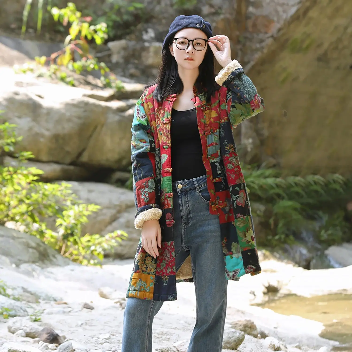 

LZJN женская зимняя винтажная утепленная хлопковая куртка средней длины с этническим принтом в стиле пэчворк и новая мода в восточном стиле