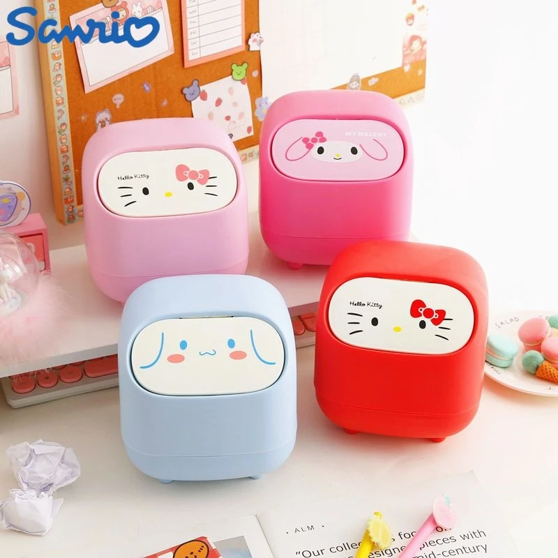 Kawaii Sanrio Hello Kitty My Melody Cinnamoroll Desktop Garbage Can Anime Figure Covered Bedside Wastebasket Rubbish Storages