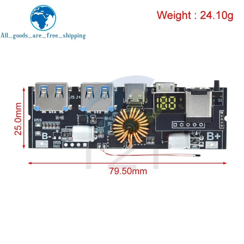 TZT 1/3pcs  QC4.0 QC3.0 LED Dual USB PD Fast Charge 5A 100W Micro/Type-C USB Mobile Power Bank 18650 Charging Module