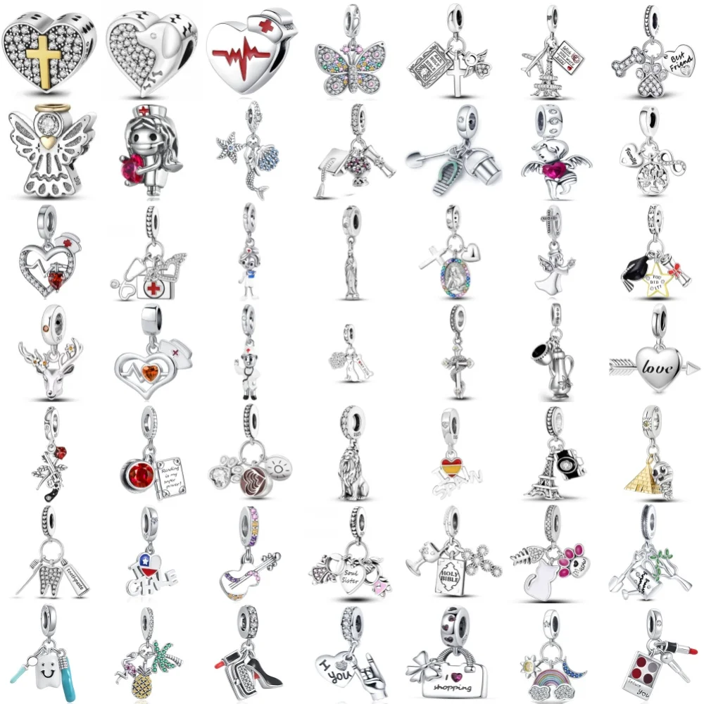 Nouveauté 2026, Argent 925, Infirmière, Stéthoscope, Brosse à dents, Tour Eiffel, Pendentif Perle Croix, Accessoires DIY pour Bracelet Original, Bijoux Exquis