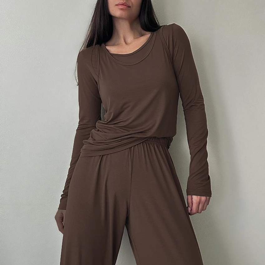 

Linad Casual Woman 3 Piece Sets Brown Pant Sets Blue 2025 Summer Woman Solid Color Waistcoat Elastic Suits Long Sleeve Outfits