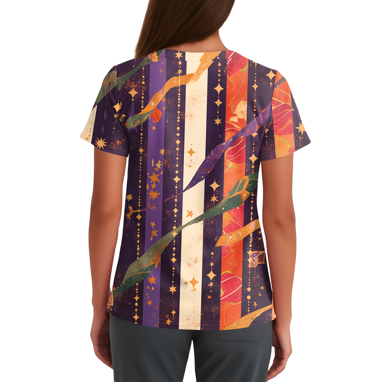 Uniformi da infermiera da donna Abbigliamento da carnevale Top Versatile Casual Elegante scollo a V Stampato a maniche corte Pullover di base Tasche Spacco laterale