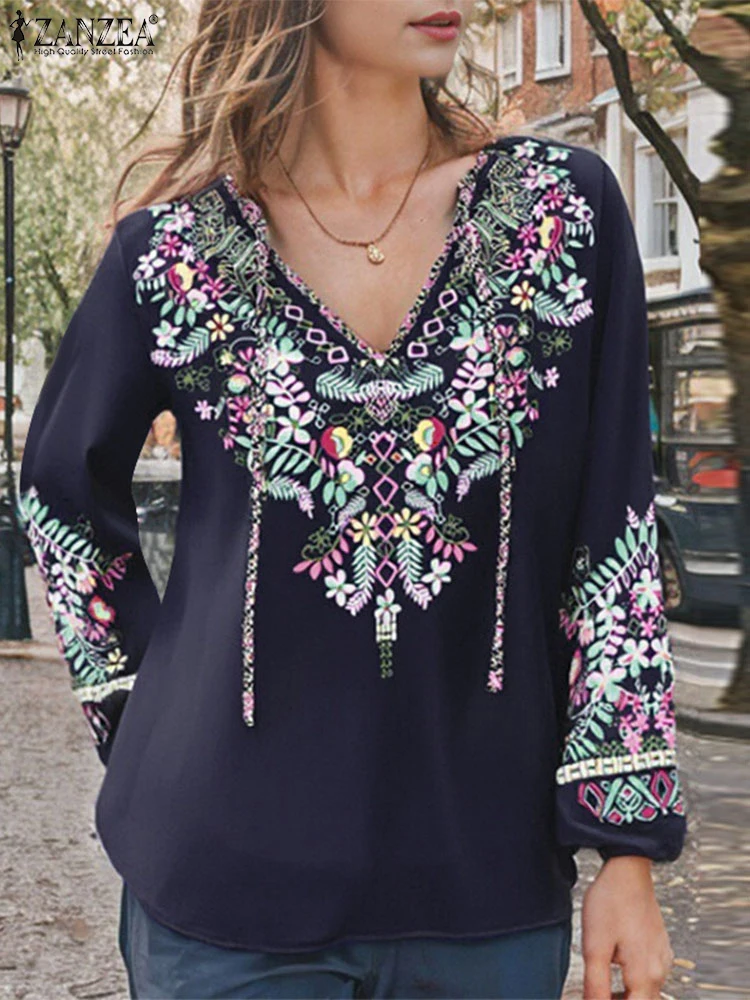 2025 ZANZEA Spring Floral Print Blouse Bohemian Holiday Shirts Women Casual Long Sleeve Blusas Elegant V Neck Lace-Up Tops Tunic