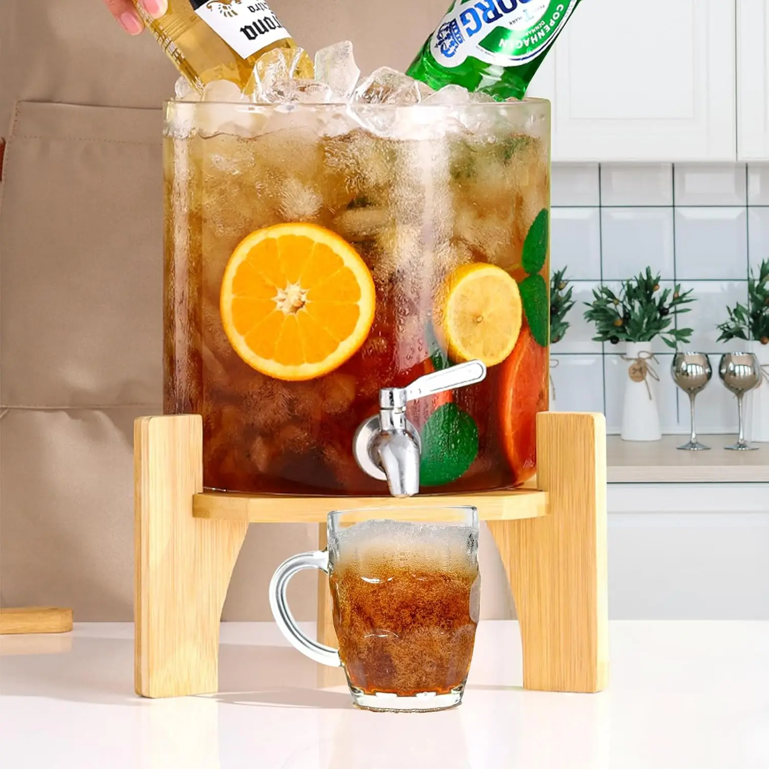 Glass Drink Dispenser com Stand, 1,5 galões, Wood Stand, bebidas frias Dispensers, bebidas Dispenser para festas