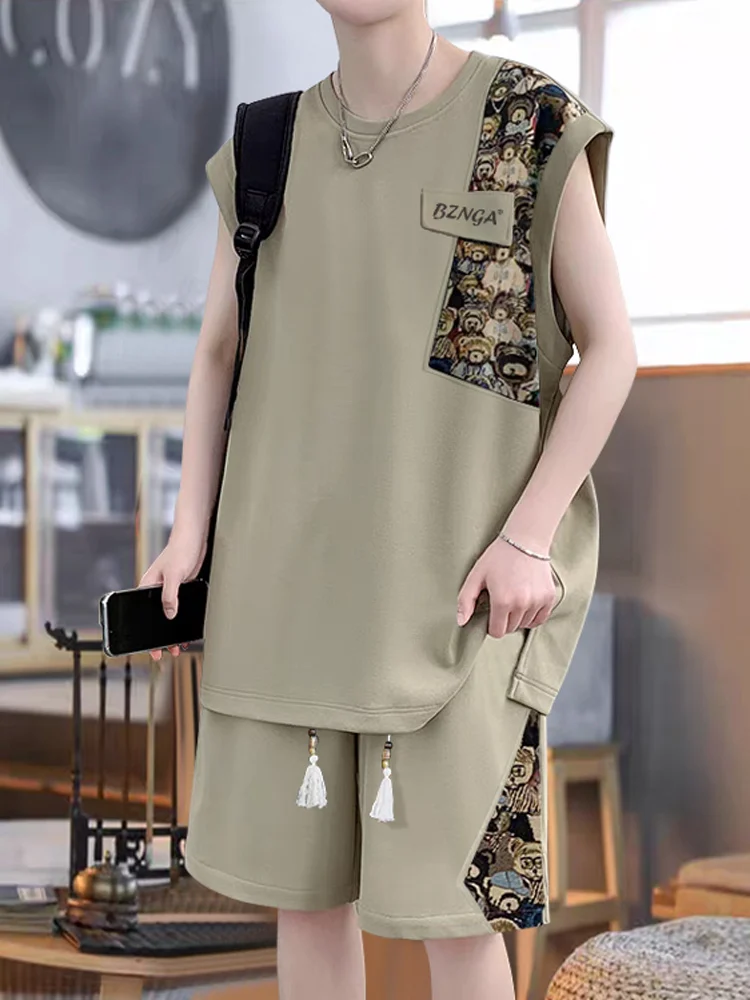 

Новый китайский летний повседневный спортивный комплект для мужчин: футболка и жилет, стильный модный комплект из двух предметов.