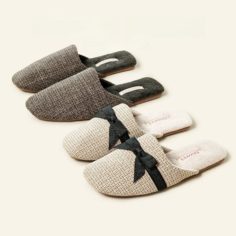 

Осенне-зимние французские элегантные роскошные тапочки с квадратным носком, на флисовой подкладке, с бантом, из хлопка, для женщин и мужчин, парные, теплые, на резиновой подошве