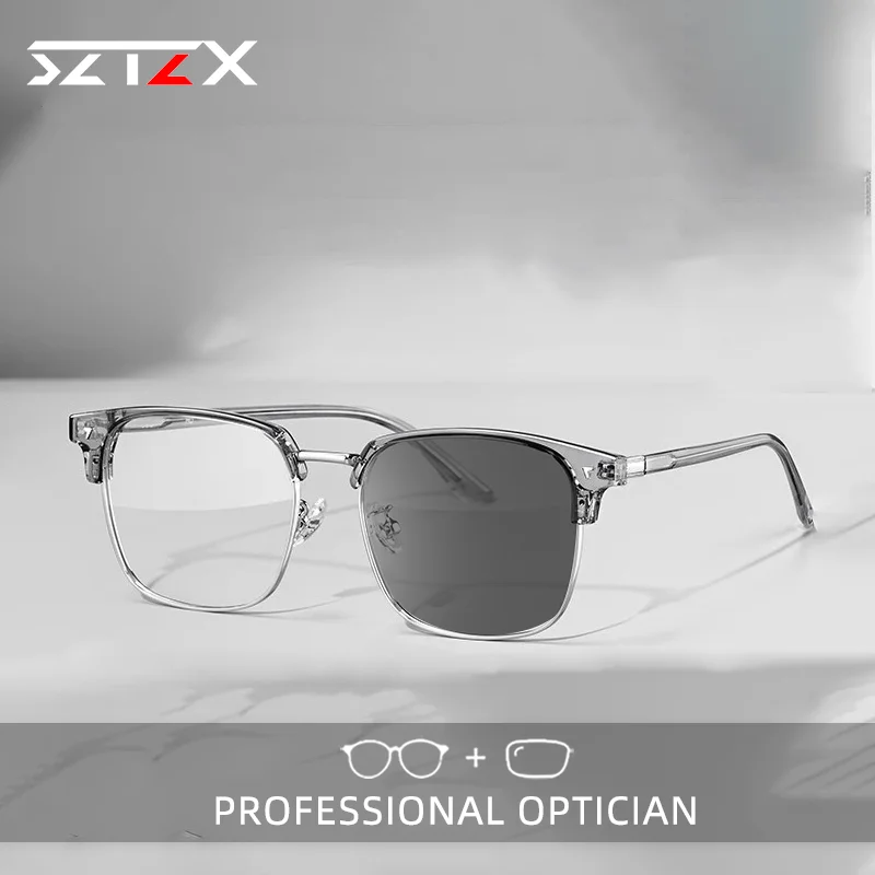 

SZTZX Fashion Commuter Half Frame Prescription Myopia Glasses Men and Women Reading Glasses Anti Blue Light Photochromic Glasses