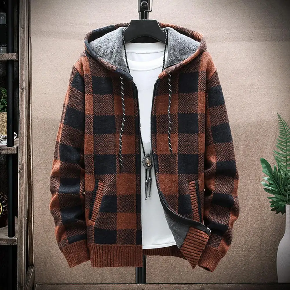 Fall Winter Men Coat Zip-up Knitted Long Sleeves Thick Plush Plaid Print Hooded Outerwear Loose Daily Sport Outdoor Hoodie Men