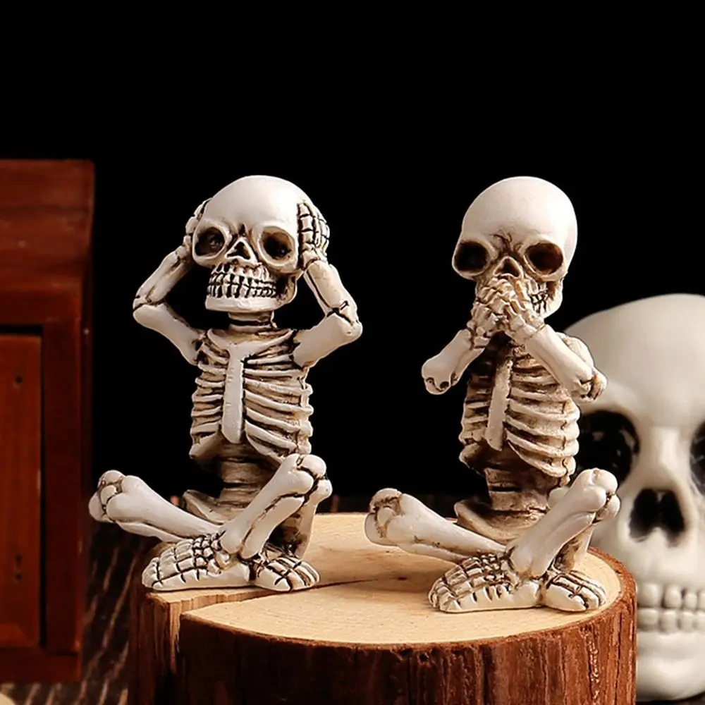 3pcs Scary Halloween Skull Sculpture Don't Listen Don't Look Don't Speak Funny Sitting Skeleton Statue Resin Exquisite