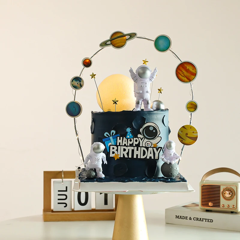 Astronaut Cake Topper Outer Space Birthday Decoration Boy Astronaut Cake Decoration Planet UFO Moon Baby Shower Kids Party Tools