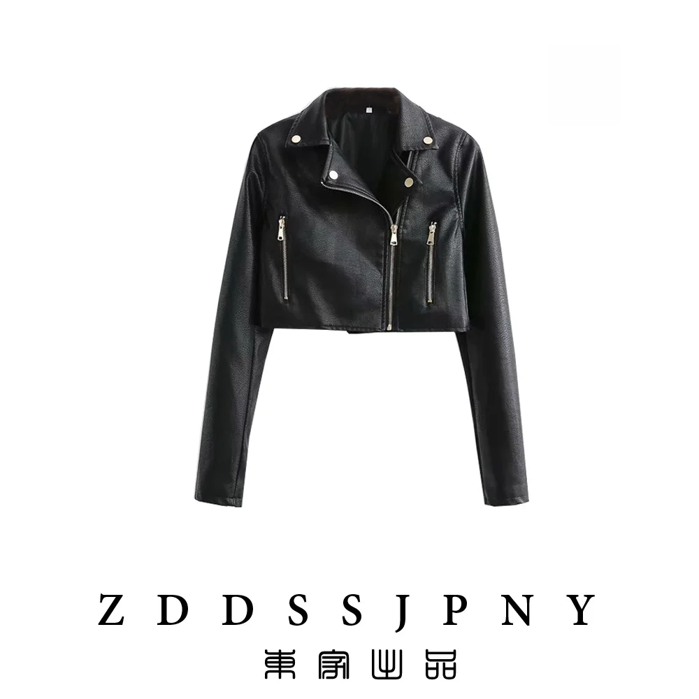 

Sli ort PU Leather Biker Jaet High Waist Crop Top Zipper Closure Long Sve Slim Fit Water Waed Bla Collar Coat
