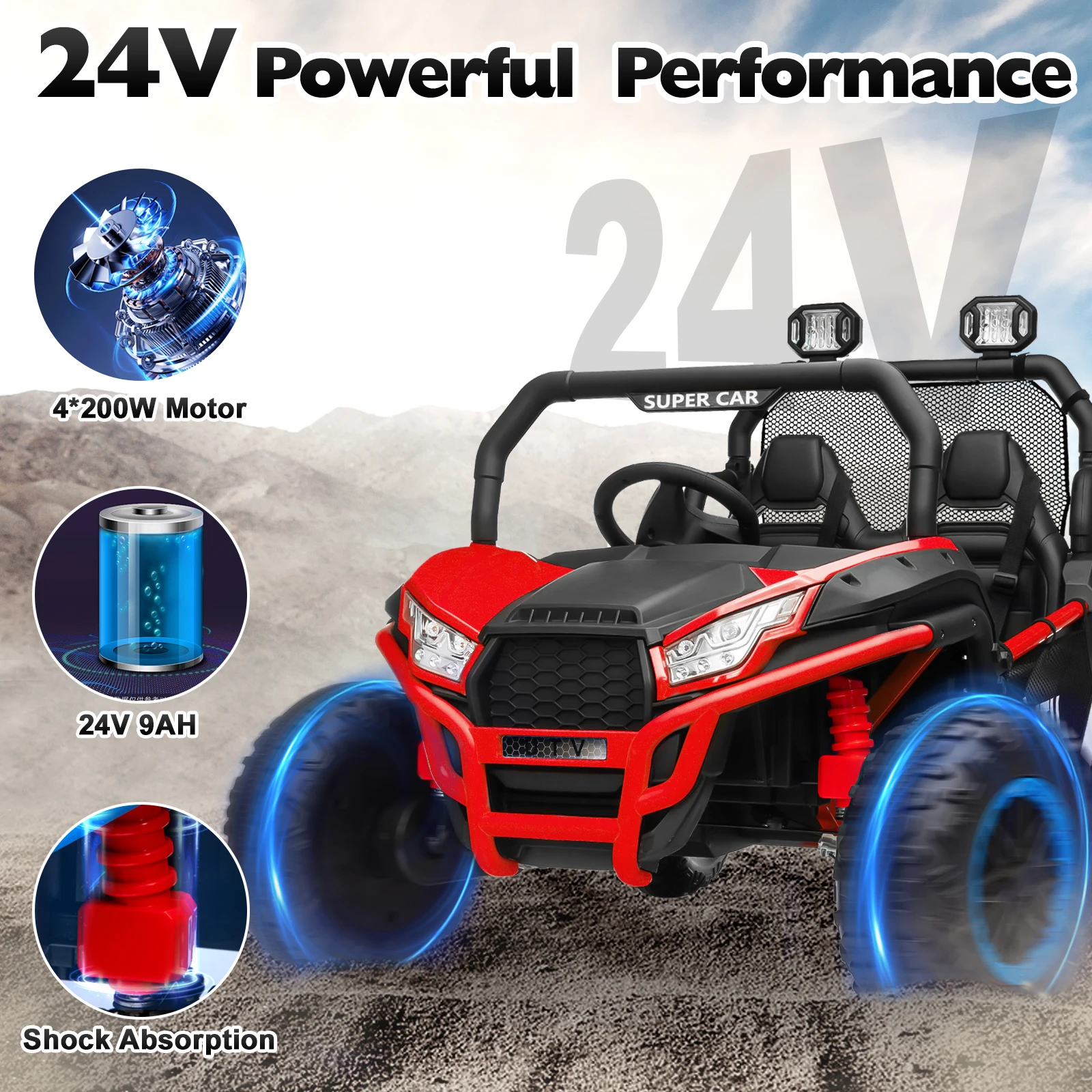 Juguetes de paseo de 24 voltios con control remoto, UTV todoterreno eléctrico con estructura de metal con 2 plazas XL, 4x200W 5MPH máx., 4WD/2WD Switchabl