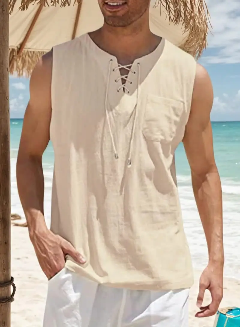 Camicie di lino di cotone gilet senza maniche Casual da uomo camicie stringate canotte con scollo a V retrò camicia allentata vestiti maschili di colore solido