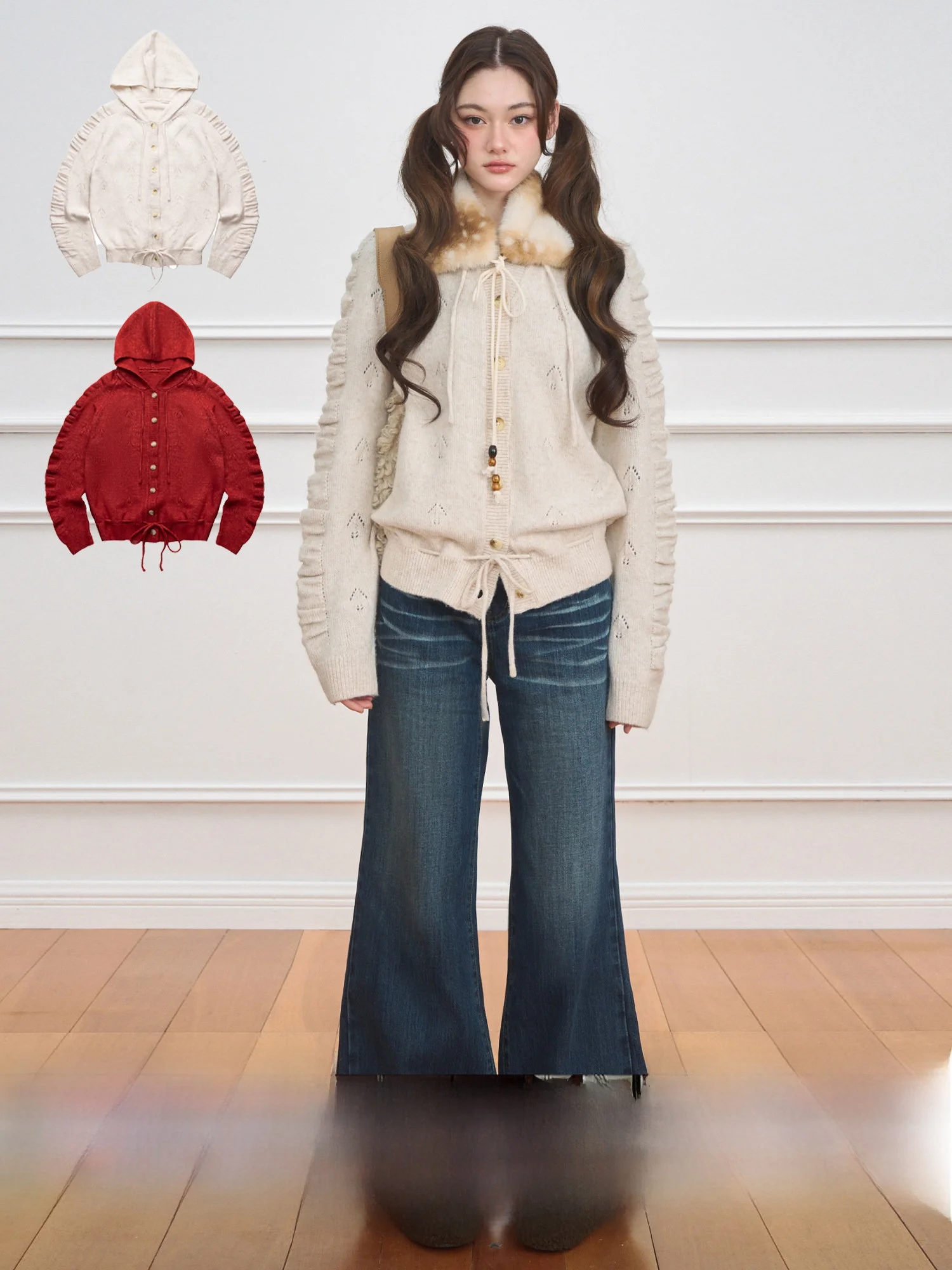 

NECY Original Hooded Open Cardigan Long Sleeve Women's Top Waist Cinching Rope Design Love Heart Knitted Jacket for Autumn Wi...